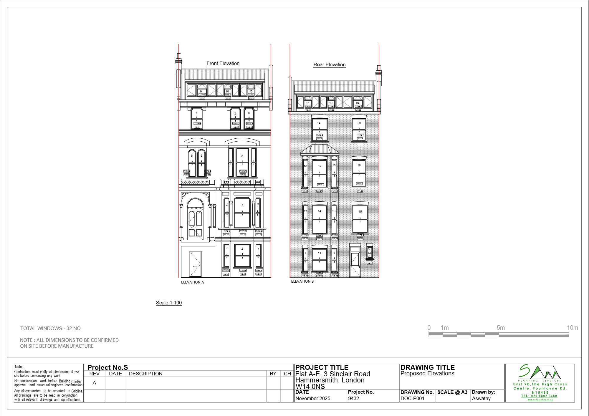 Window replacement approved at 3 Sinclair Road, Hammersmith — approved drawing 1