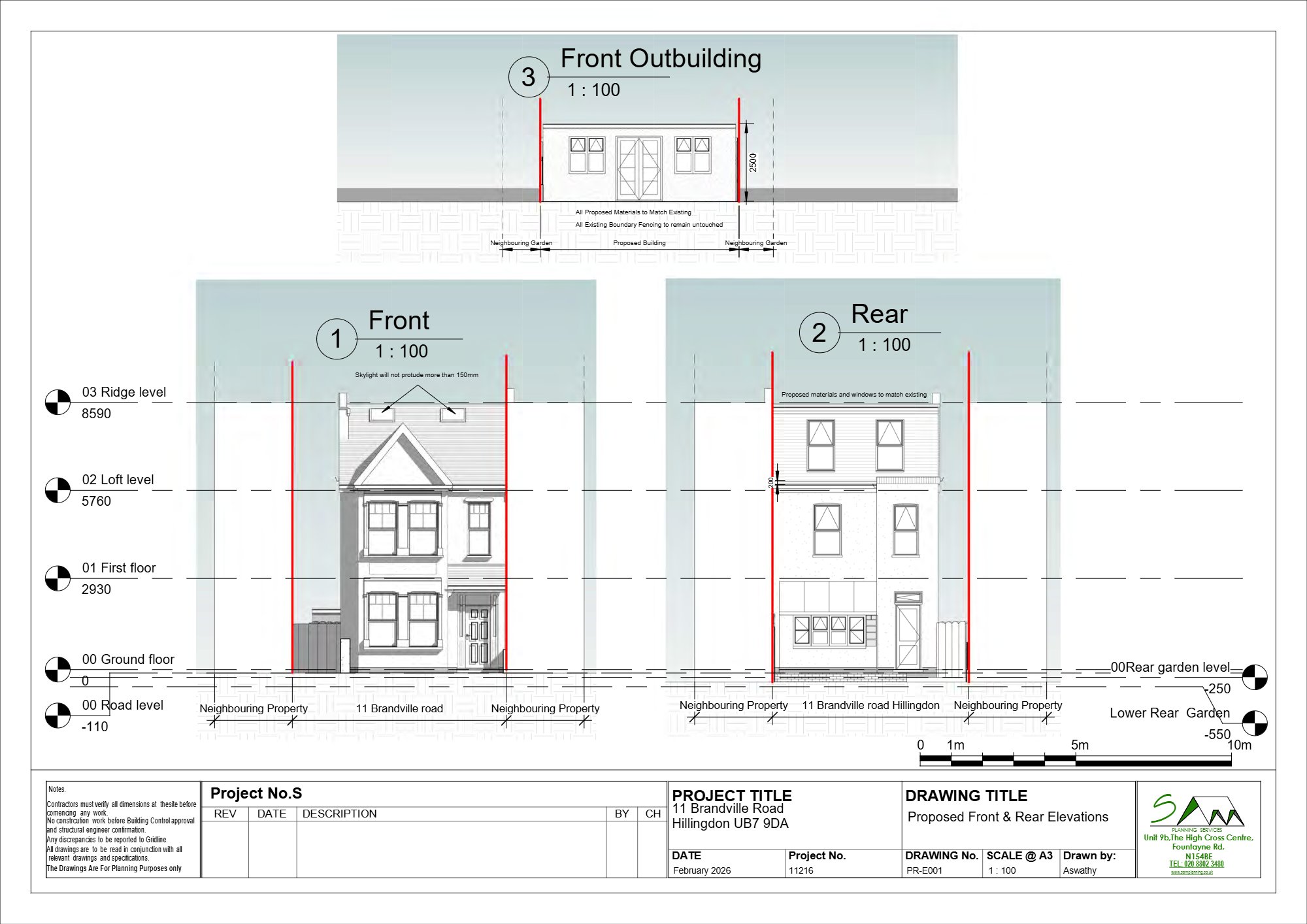 Loft conversion with rear dormer and front rooflights, and rear outbuilding approved in Hillingdon — approved drawing 1