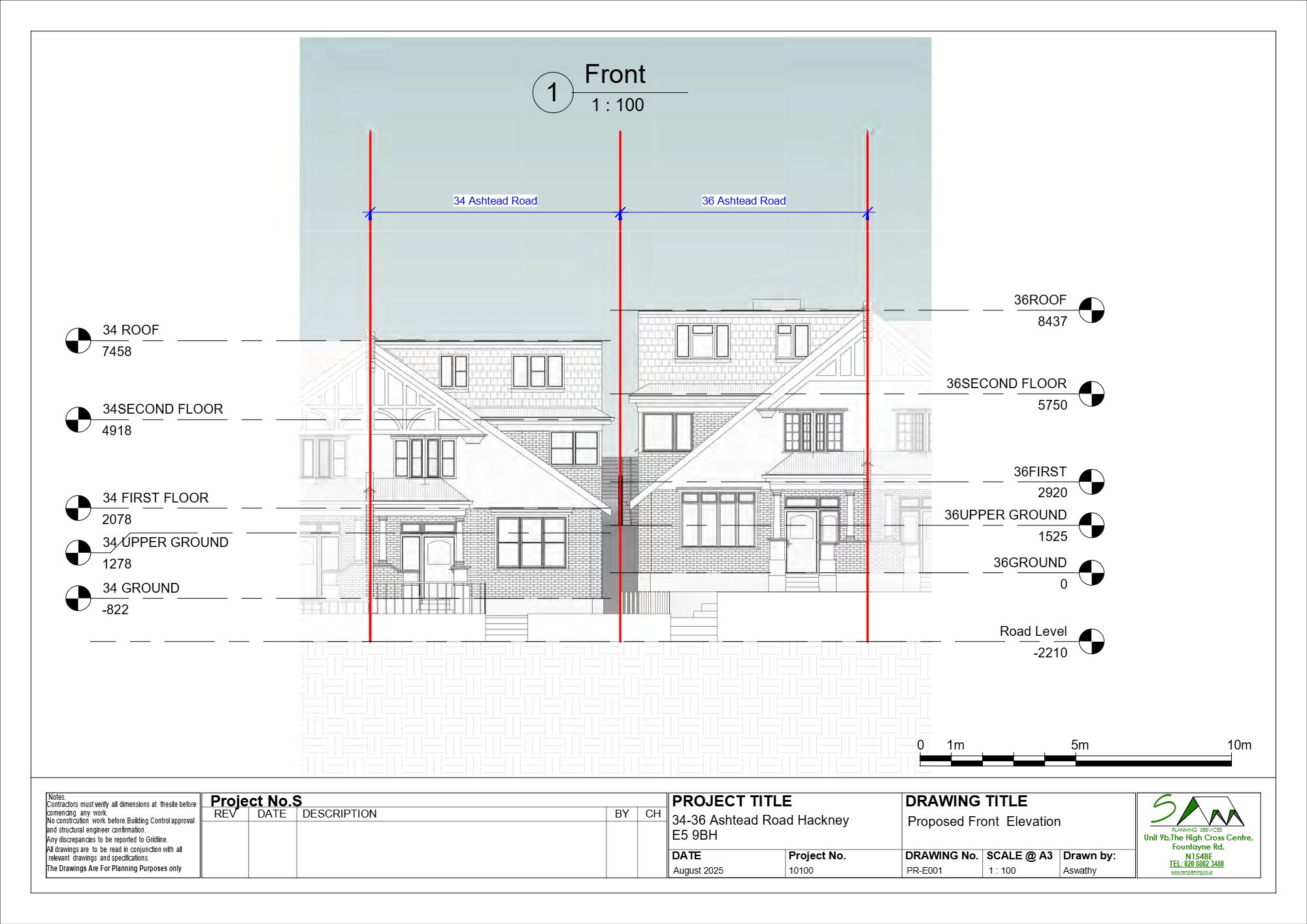 Part single part two storey rear extension approved at 34-36 Ashtead Road, Hackney — approved drawing 1