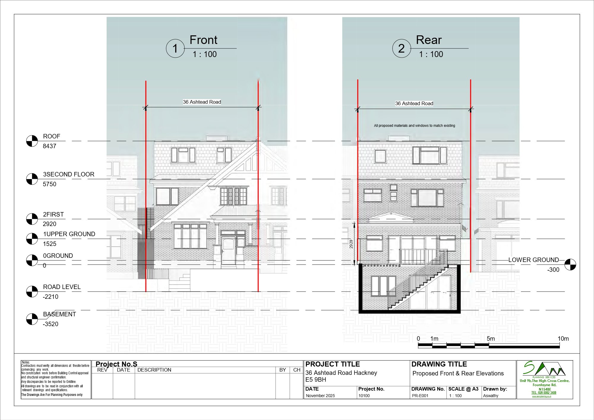 Single-family home with basement and rear extension approved at 36 Ashtead Road, Hackney — approved drawing 1