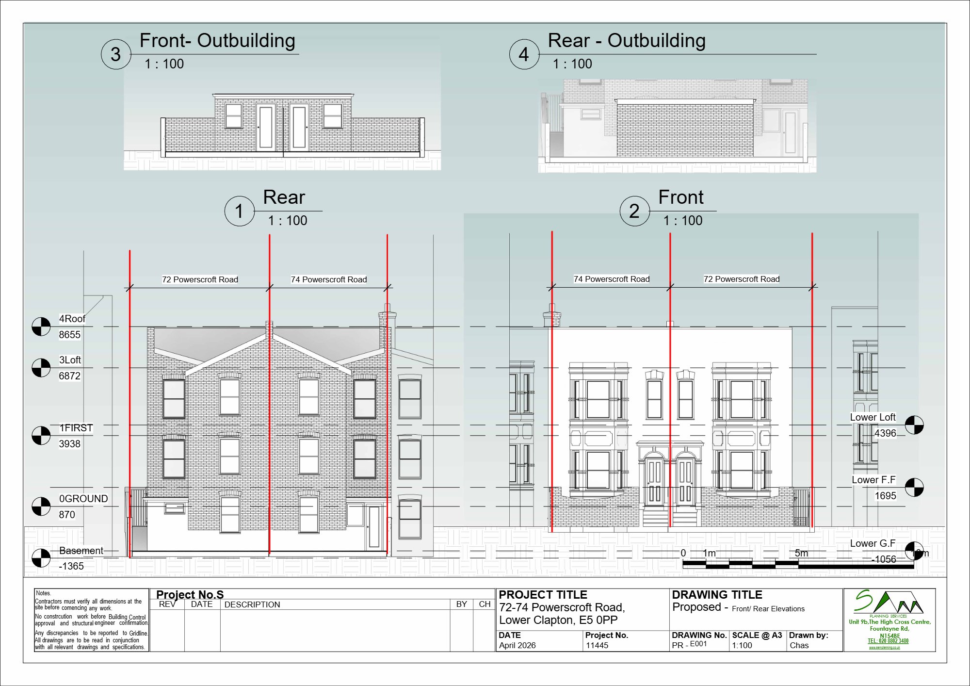 Rear outbuilding approved at 72-74 Powerscroft Road, Hackney — approved drawing 1