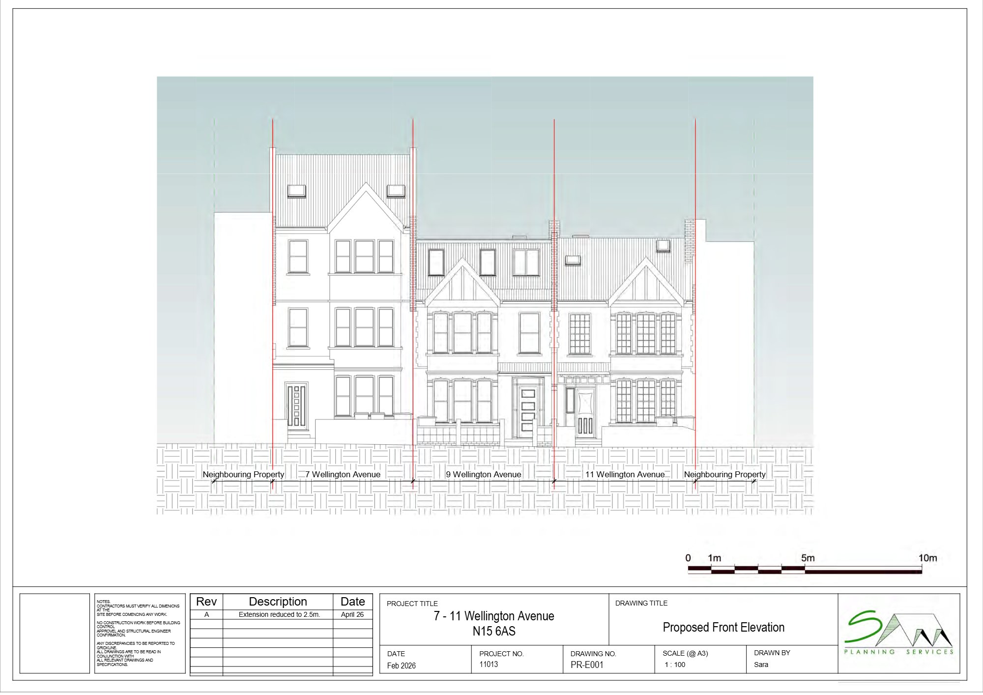 First floor rear extension approved across 7, 9 & 11 Wellington Avenue, Tottenham — approved drawing 1